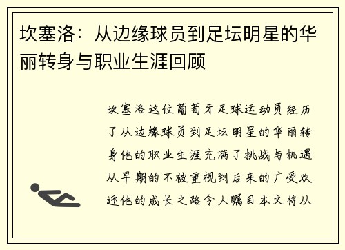 坎塞洛：从边缘球员到足坛明星的华丽转身与职业生涯回顾