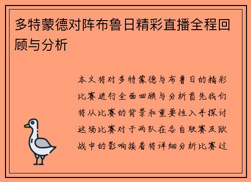 多特蒙德对阵布鲁日精彩直播全程回顾与分析