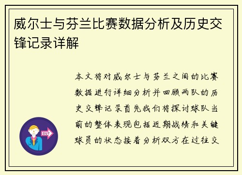 威尔士与芬兰比赛数据分析及历史交锋记录详解